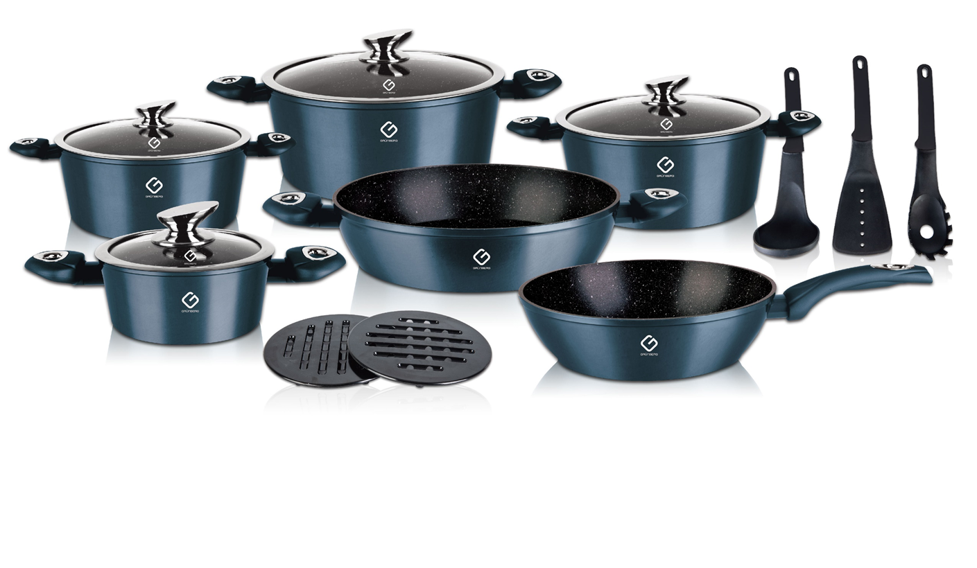 Set 15 piese: 6 vase din aluminiu, compatibile plita inductie, 4 capace, 3 ustensile, 2 suport, Grunberg GR2715 (albastru)