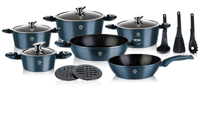 Set 15 piese: 6 vase din aluminiu, compatibile plita inductie, 4 capace, 3 ustensile, 2 suport, Grunberg GR2715 (albastru)