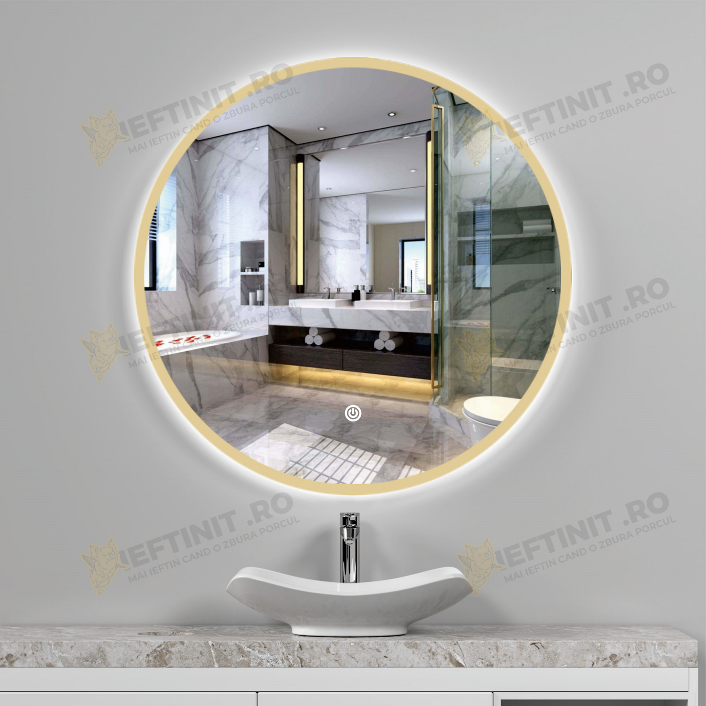 Oglinda LED Odin 60×60 cm Rotunda, Rama Aurie, Buton Touch 3 Tipuri de Lumina, Dimabila OD006X