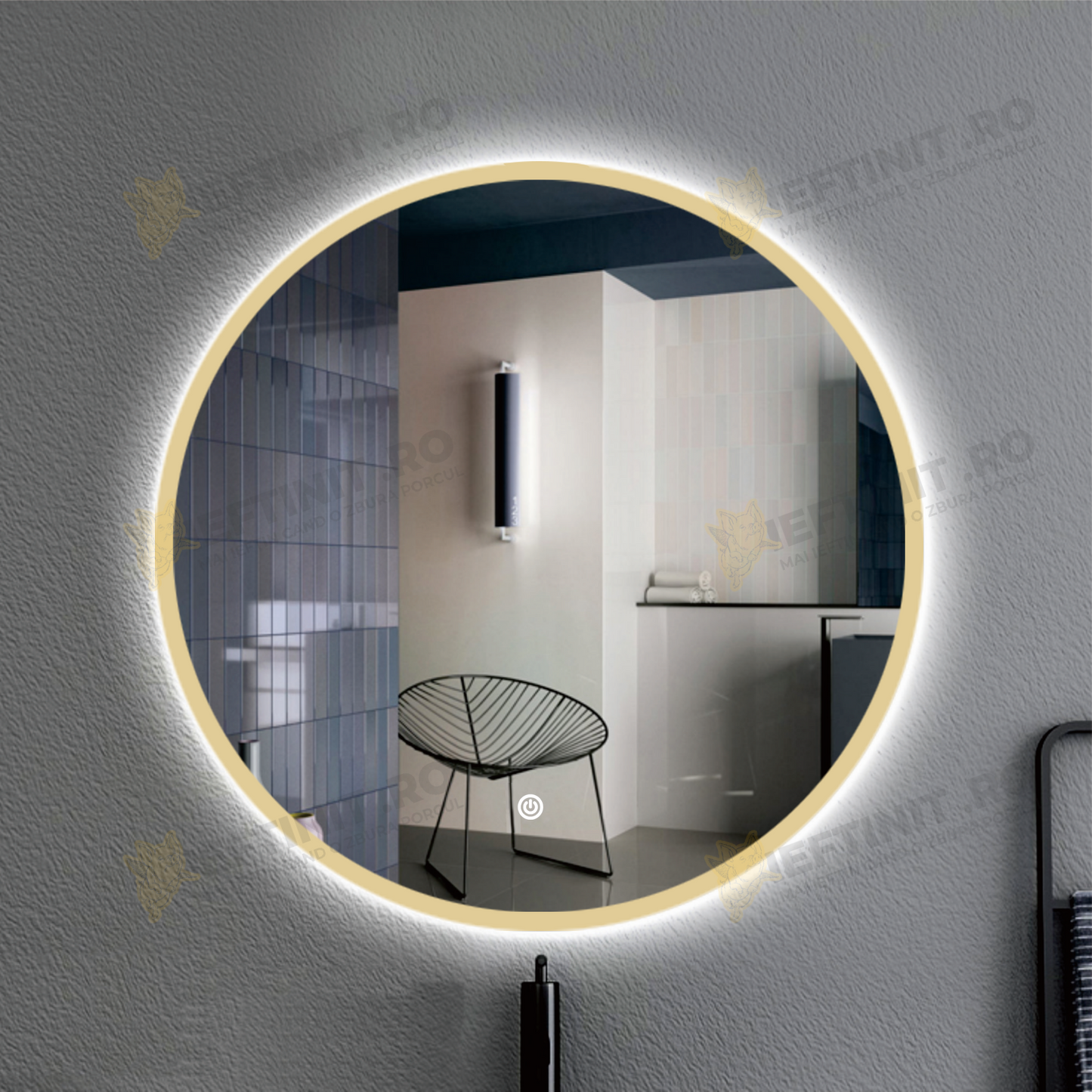 Oglinda LED Odin 60×60 cm Rotunda, Rama Aurie, Buton Touch 3 Tipuri de Lumina, Dimabila OD006X