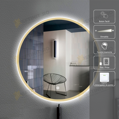 Oglinda LED Odin 60×60 cm Rotunda, Rama Aurie, Buton Touch 3 Tipuri de Lumina, Dimabila OD006X