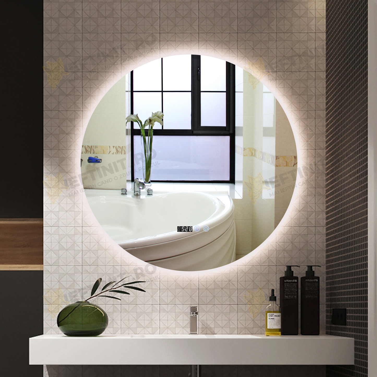 Oglinda LED Odin 80×80 cm Rotunda, Buton Touch, Dezaburire, Ceas si Temperatura, 3 Tipuri de Lumina OD007-80