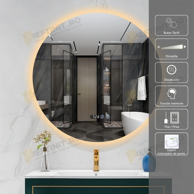 Oglinda LED Odin 80×80 cm Rotunda, Buton Touch, Dezaburire, Ceas si Temperatura, 3 Tipuri de Lumina OD007-80