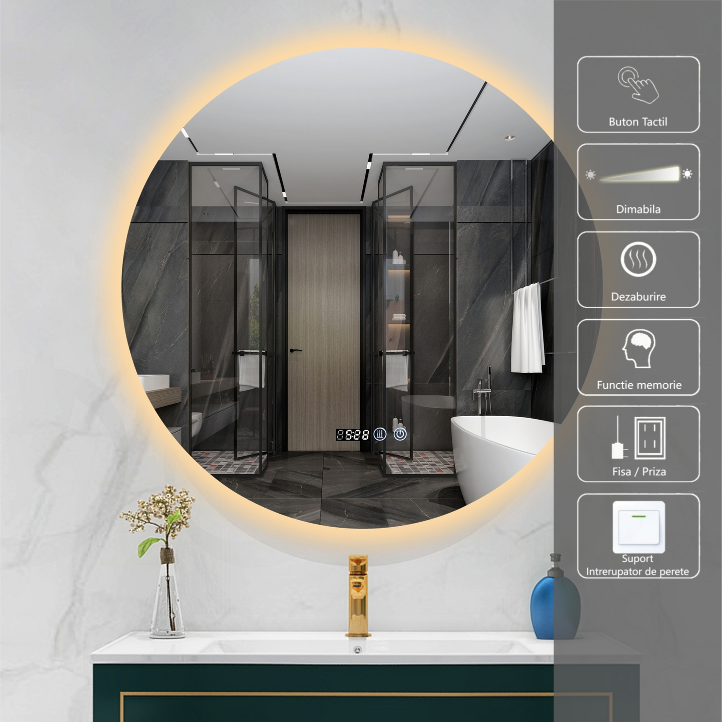 Oglinda Baie LED Odin 70×70 cm Rotunda, Dezaburire, Touch, Ceas si Temperatura OD007-T