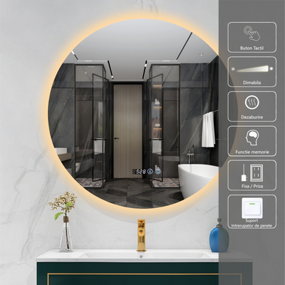 Oglinda Baie LED Odin 70×70 cm Rotunda, Dezaburire, Touch, Ceas si Temperatura OD007-T