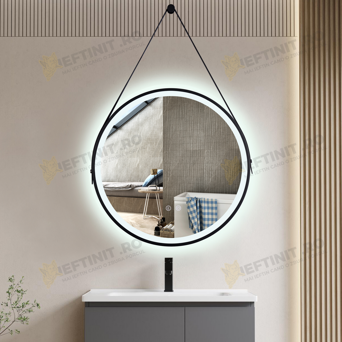 Oglinda Baie LED 60×60 cm Rotunda Odin, Dezaburire, Touch, Rama Neagra si Curea Piele