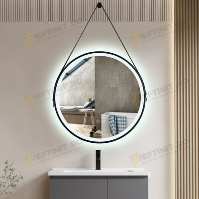 Oglinda Baie LED 60×60 cm Rotunda Odin, Dezaburire, Touch, Rama Neagra si Curea Piele