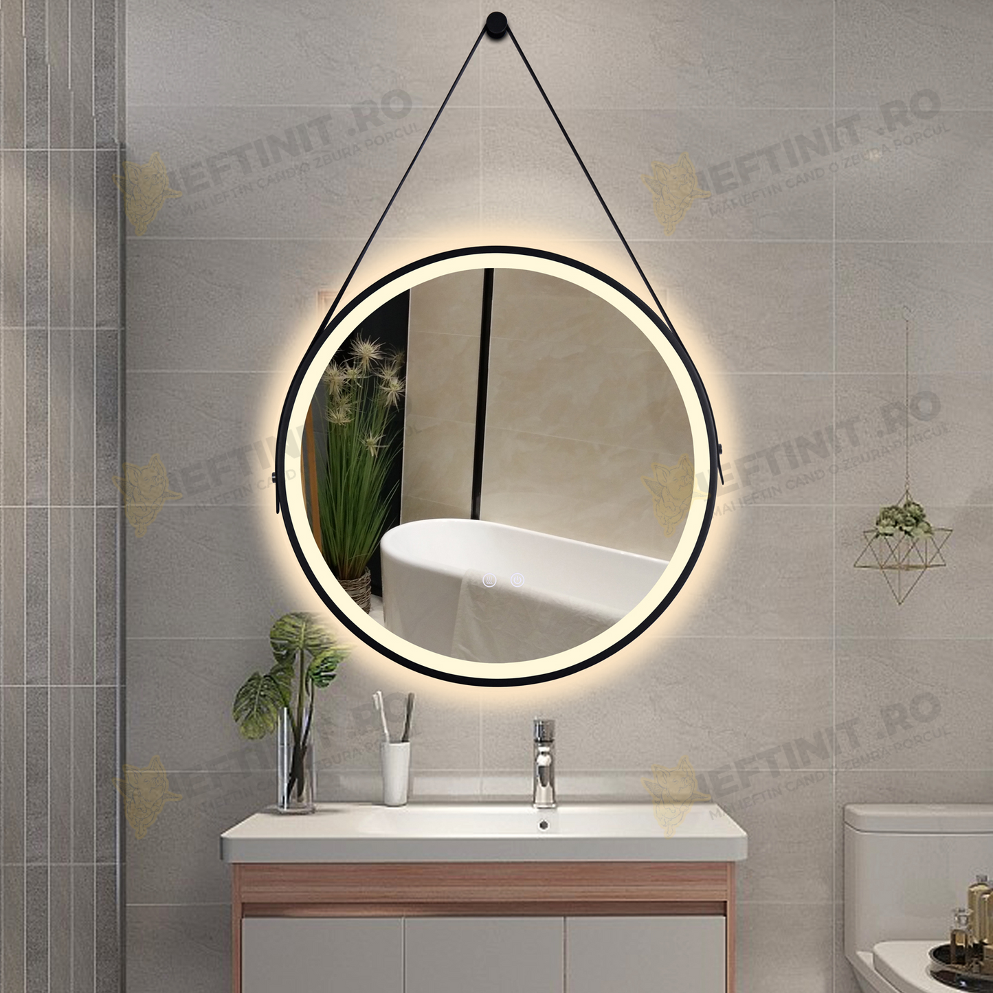 Oglinda Baie LED 60×60 cm Rotunda Odin, Dezaburire, Touch, Rama Neagra si Curea Piele