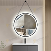 Oglinda Baie LED 60×60 cm Rotunda Odin, Dezaburire, Touch, Rama Neagra si Curea Piele