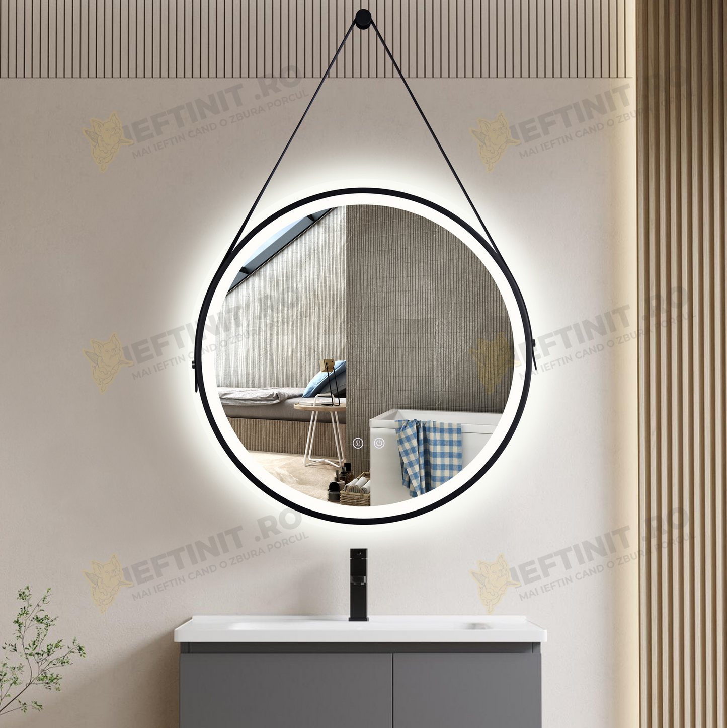 Oglinda Baie LED 60×60 cm Rotunda Odin, Dezaburire, Touch, Rama Neagra si Curea Piele
