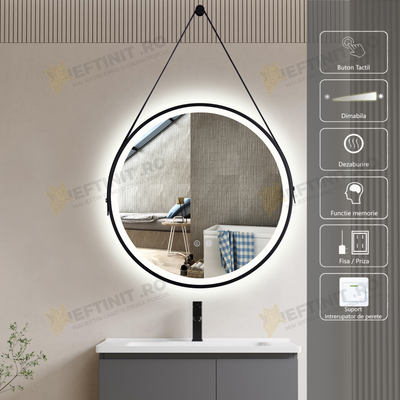 Oglinda Baie LED 60×60 cm Rotunda Odin, Dezaburire, Touch, Rama Neagra si Curea Piele