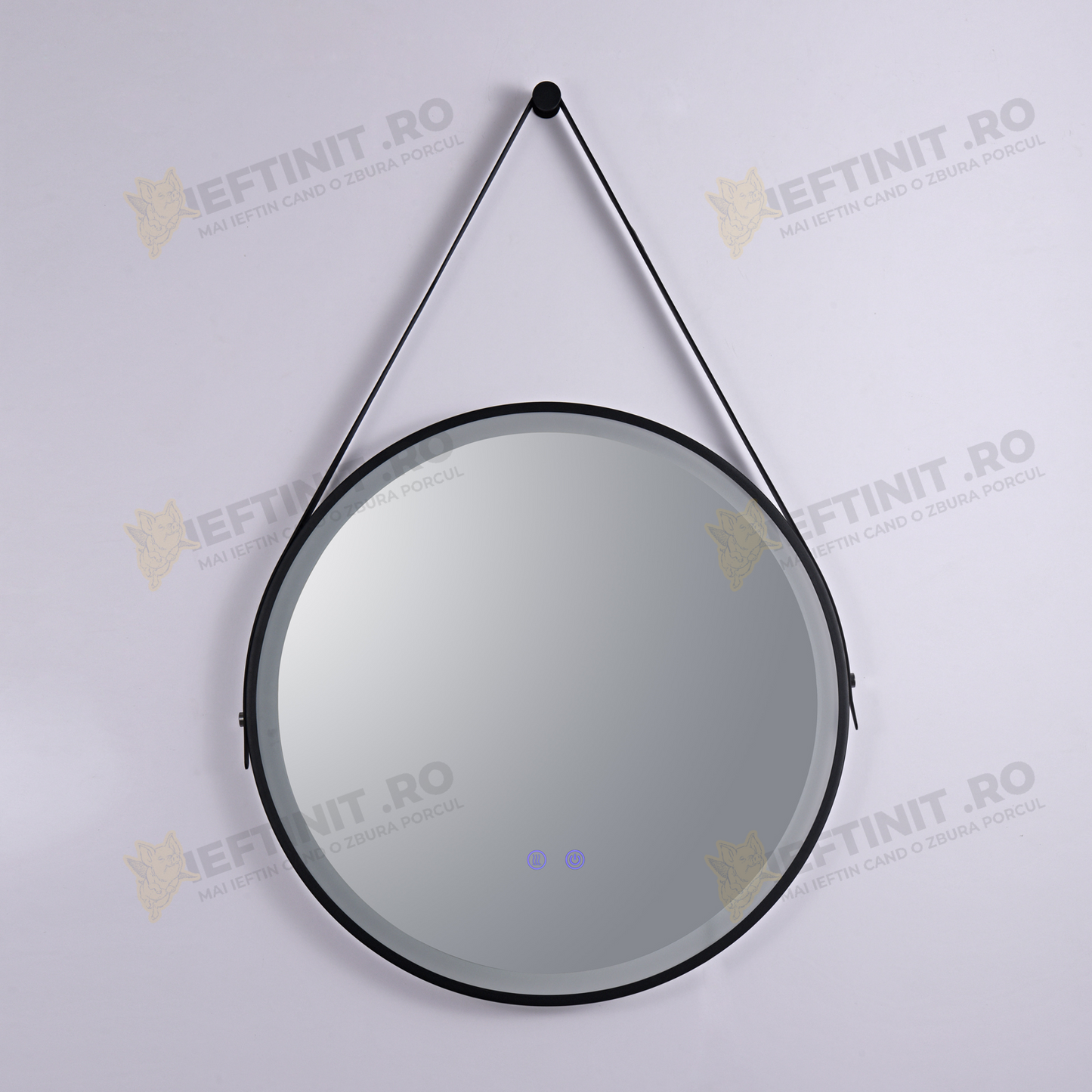Oglinda Baie LED 60×60 cm Rotunda Odin, Dezaburire, Touch, Rama Neagra si Curea Piele