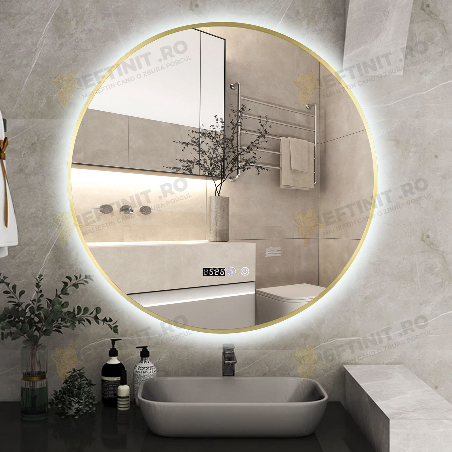 Oglinda LED Odin Rotunda 70cm Rama Aurie, Ceas, Temperatura, Touch si 3 Lumini OD010T/G