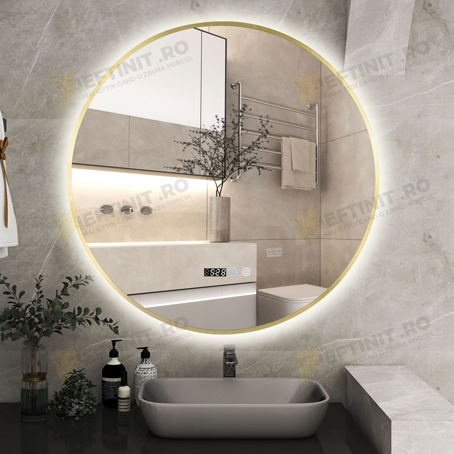 Oglinda LED Odin Rotunda 70cm Rama Aurie, Ceas, Temperatura, Touch si 3 Lumini OD010T/G