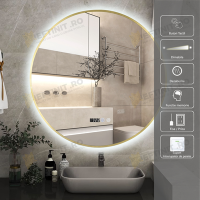 Oglinda LED Odin Rotunda 70cm Rama Aurie, Ceas, Temperatura, Touch si 3 Lumini OD010T/G