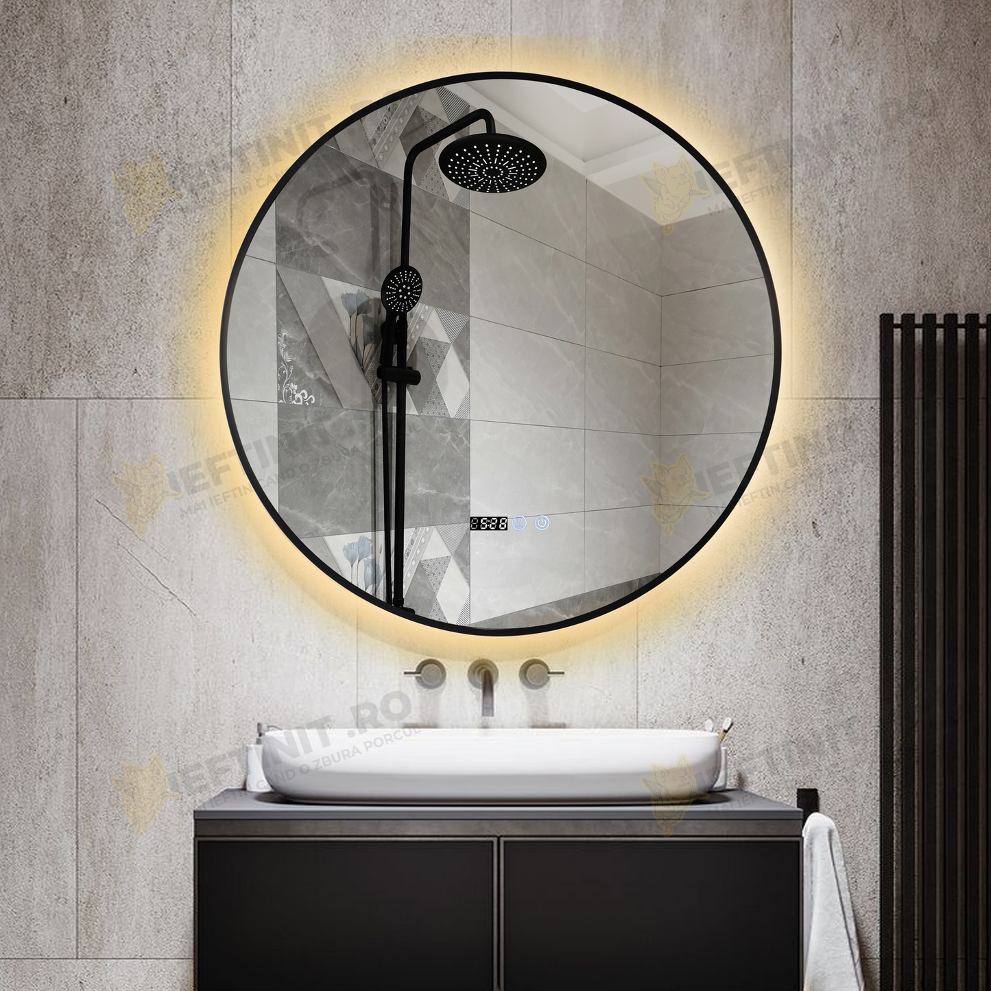Oglinda LED Odin Rotunda 70cm Rama Neagra, Ceas, Temperatura, Touch si 3 Lumini OD010T/N