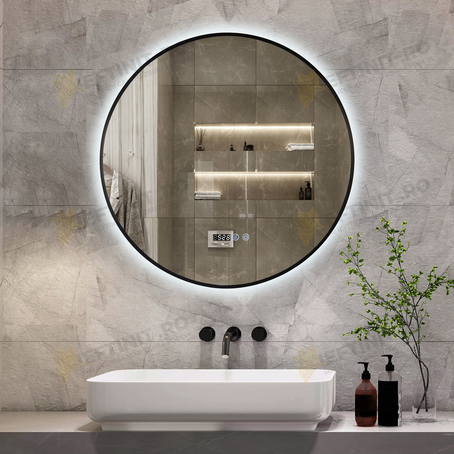 Oglinda LED Odin Rotunda 70cm Rama Neagra, Ceas, Temperatura, Touch si 3 Lumini OD010T/N