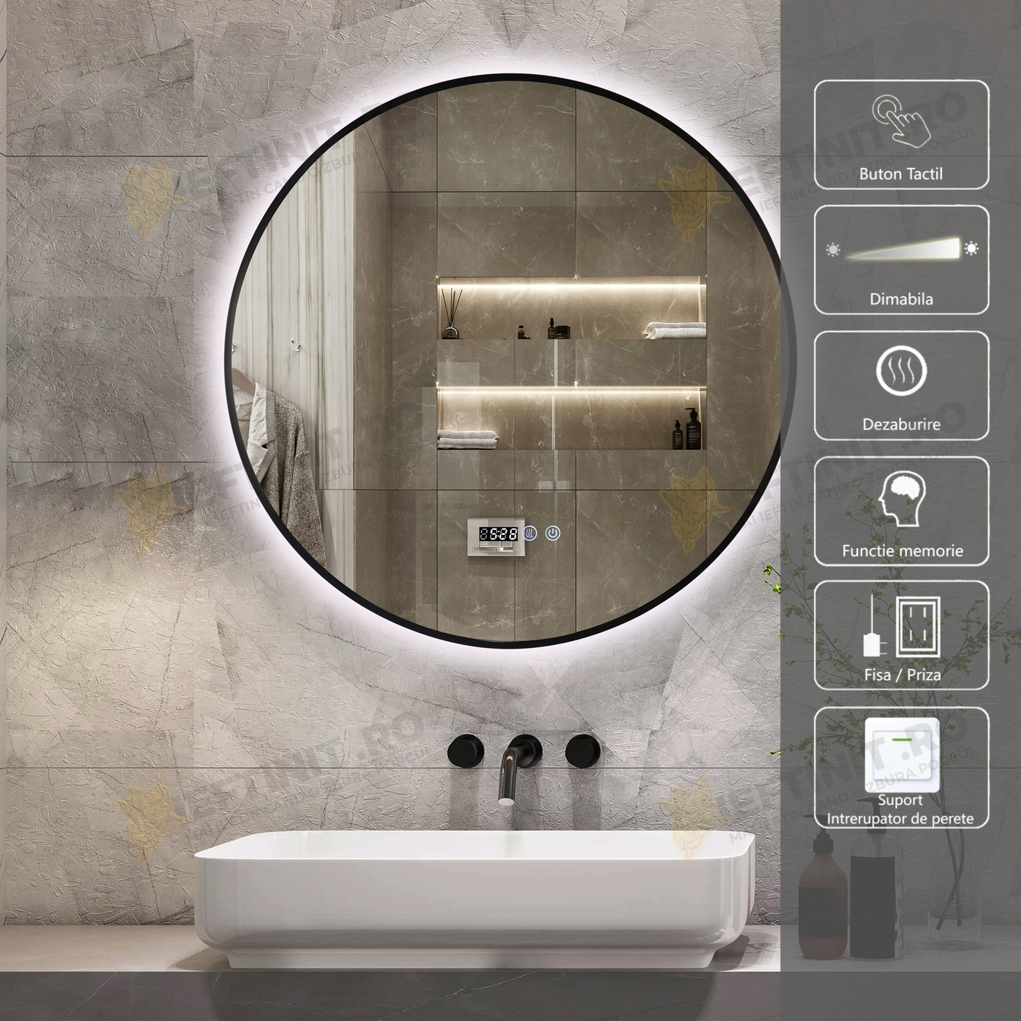 Oglinda LED Odin Rotunda 70cm Rama Neagra, Ceas, Temperatura, Touch si 3 Lumini OD010T/N