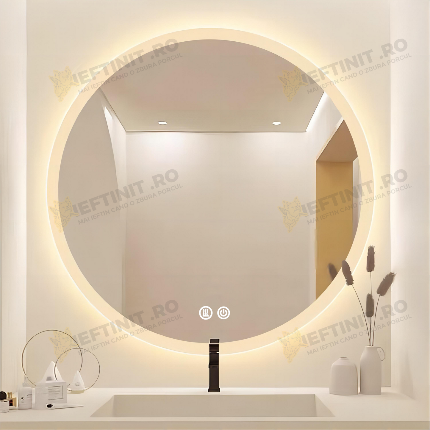 Oglinda LED Odin Rotunda 70cm, 3 Lumini, Dezaburire si Touch OD013