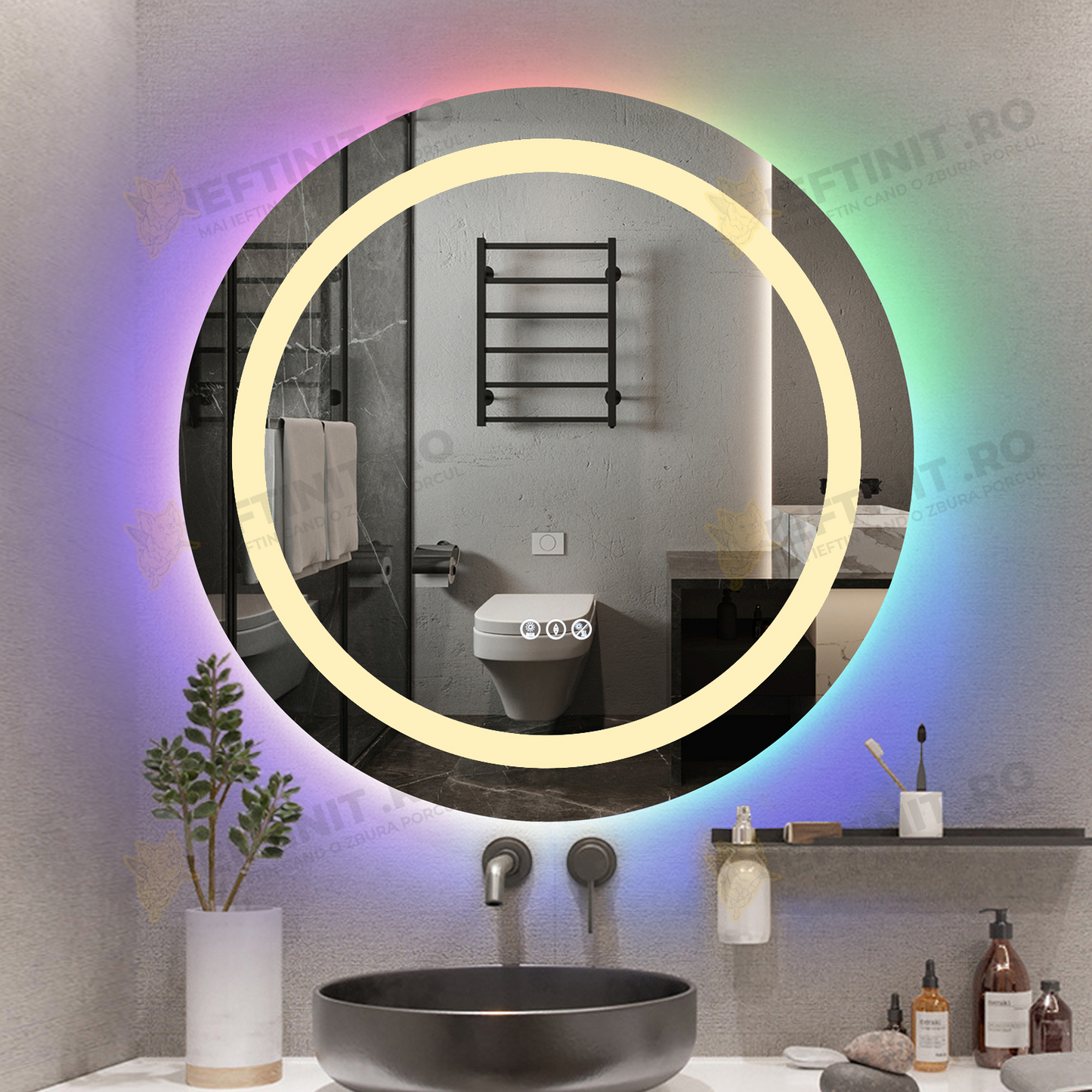 Oglinda LED Odin RGB Rotunda 70cm, 3 Lumini, Dezaburire si Touch OD013-RGB