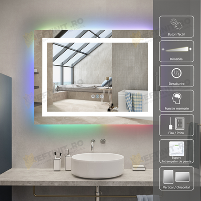 Oglinda LED Odin RGB 80x60cm, 3 Lumini, Dezaburire si Touch OD014-RGB