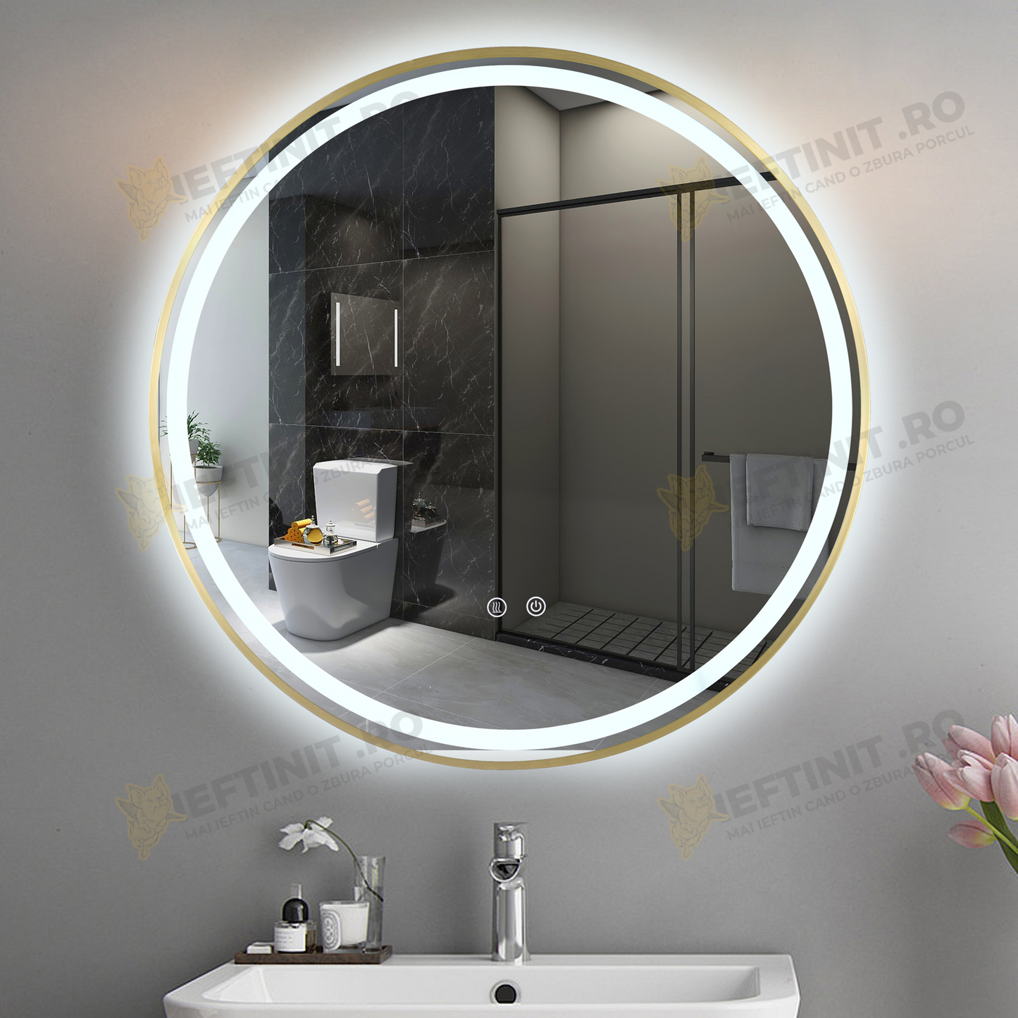 Oglinda LED Odin Rotunda 70cm Rama Aurie, Touch si 3 Lumini OD016/G