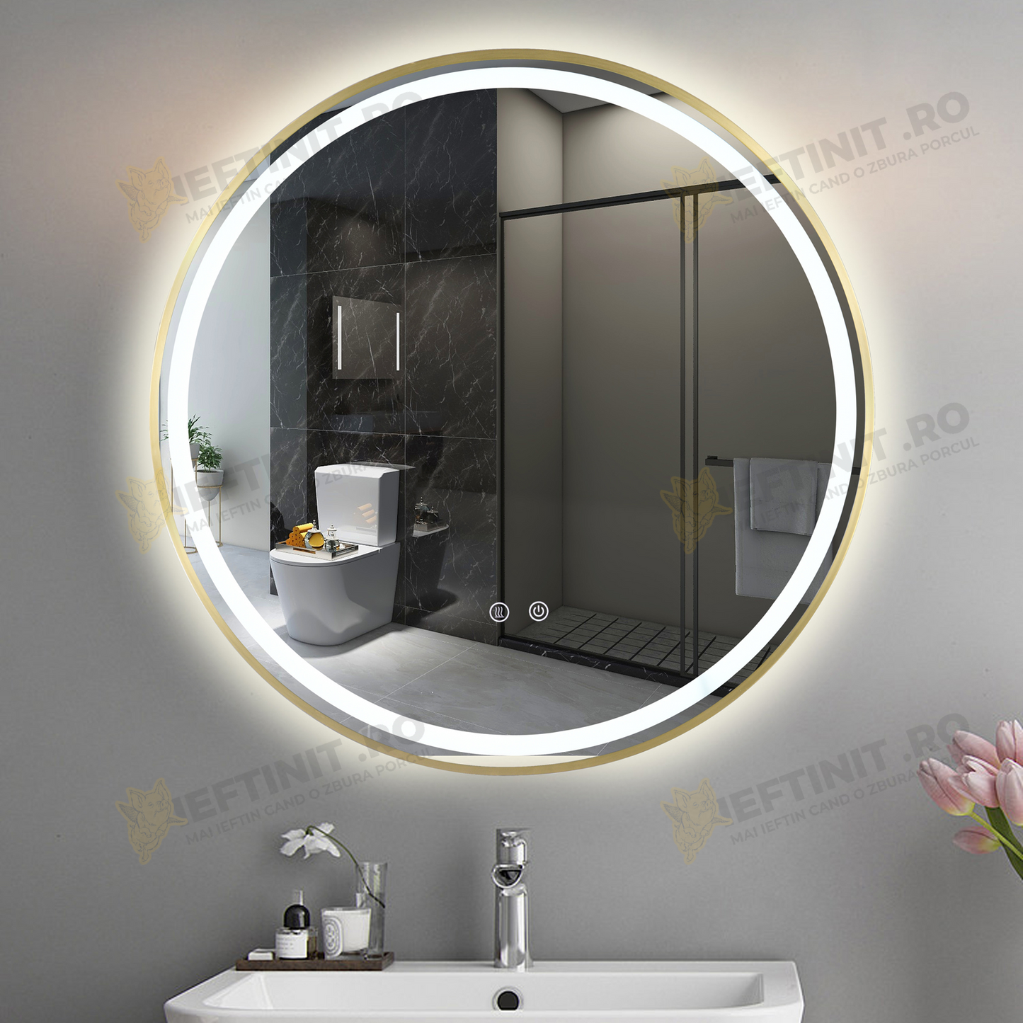 Oglinda LED Odin Rotunda 70cm Rama Aurie, Touch si 3 Lumini OD016/G
