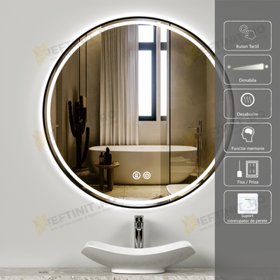 Oglinda LED Odin Rotunda 70cm Rama Neagra, Touch si 3 Lumini OD016/N