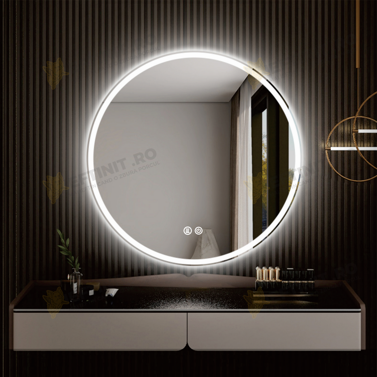 Oglinda LED Odin 60×60 cm Rotunda cu Touch, Dezaburire, 3 Tipuri de Lumina, Dimabila