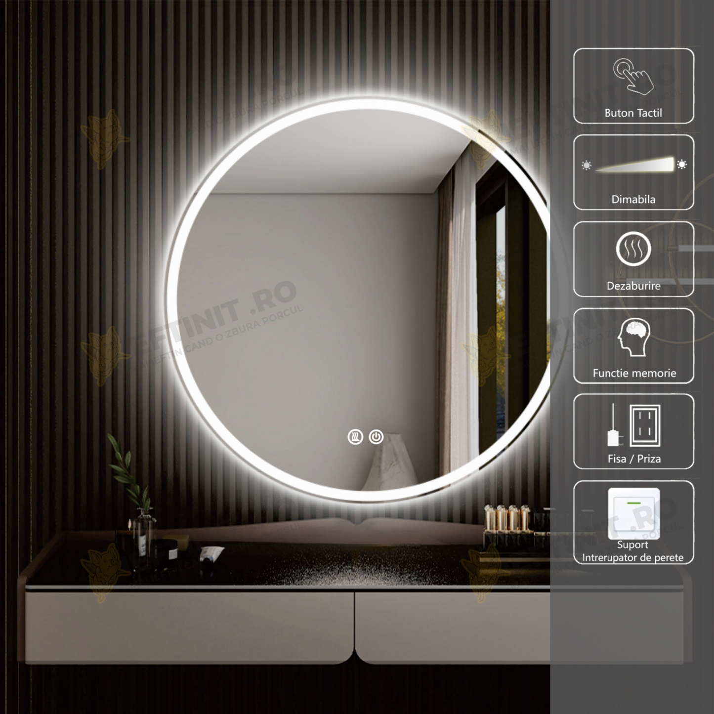 Oglinda LED Odin 60×60 cm Rotunda cu Touch, Dezaburire, 3 Tipuri de Lumina, Dimabila