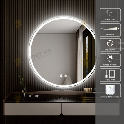 Oglinda LED Odin 60×60 cm Rotunda cu Touch, Dezaburire, 3 Tipuri de Lumina, Dimabila