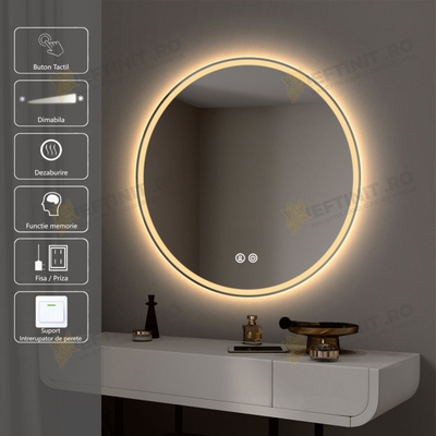 Oglinda LED Odin 70×70 cm Rotunda cu Touch, Dezaburire, 3 Tipuri de Lumina, Dimabila OD019