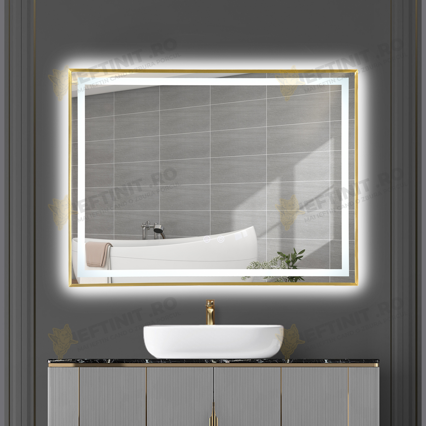 Oglinda Baie Odin cu LED si Dezaburire, Dreptunghiulară, Ramă Aurie 80×60 cm, Touch, 3 Tipuri de Lumina, Dimabilă OD033-G