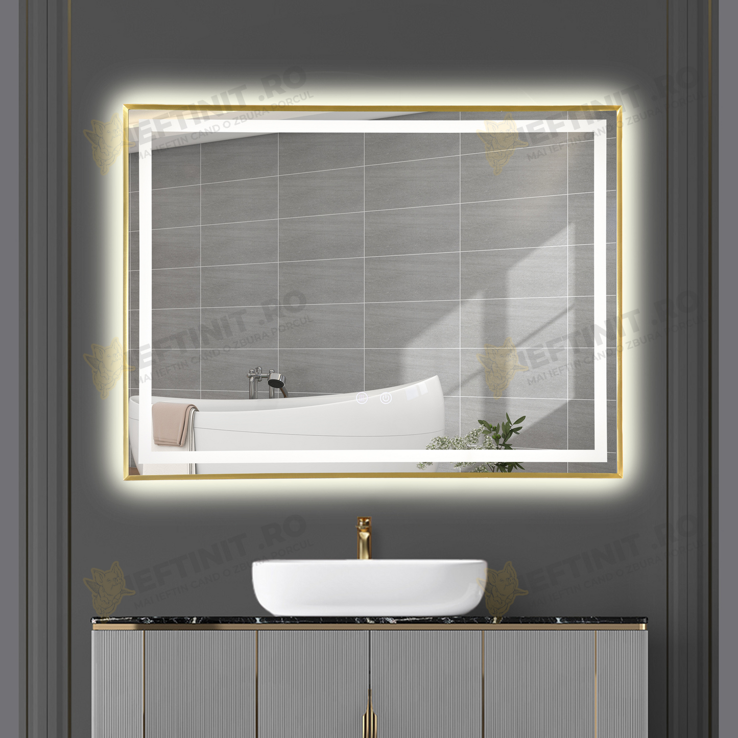 Oglinda Baie Odin cu LED si Dezaburire, Dreptunghiulară, Ramă Aurie 80×60 cm, Touch, 3 Tipuri de Lumina, Dimabilă OD033-G