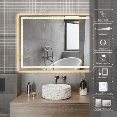 Oglinda Baie Odin cu LED si Dezaburire, Dreptunghiulară, Ramă Aurie 80×60 cm, Touch, 3 Tipuri de Lumina, Dimabilă OD033-G
