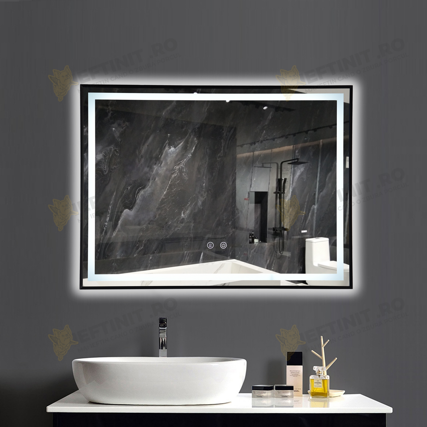 Oglinda Baie Odin cu LED si Dezaburire, Dreptunghiulară, Ramă Neagră 80×60 cm, Touch, 3 Tipuri de Lumina, Dimabilă OD033/N