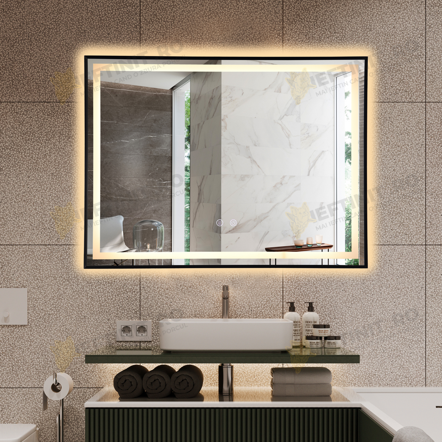 Oglinda Baie Odin cu LED si Dezaburire, Dreptunghiulară, Ramă Neagră 80×60 cm, Touch, 3 Tipuri de Lumina, Dimabilă OD033/N