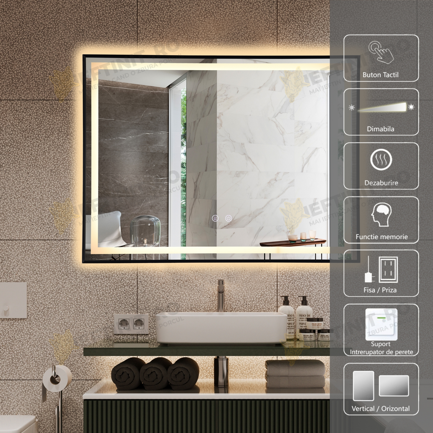 Oglinda Baie Odin cu LED si Dezaburire, Dreptunghiulară, Ramă Neagră 80×60 cm, Touch, 3 Tipuri de Lumina, Dimabilă OD033/N