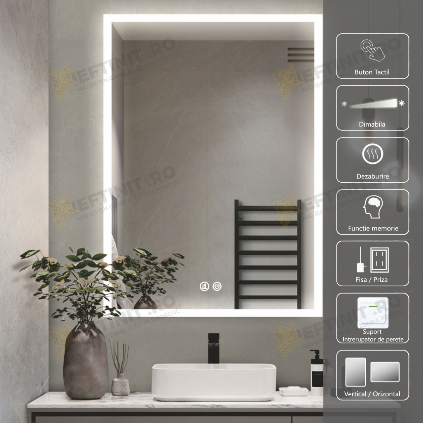 Oglinda Baie Odin LED 60×80 cm, Dezaburire, Touch, 3 Tipuri de Lumina, Dimabila OD035