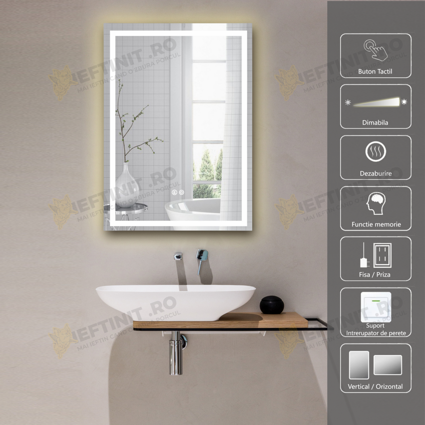 Oglinda Baie Odin LED 60×80 cm, Dezaburire, Touch, 3 Tipuri de Lumina, Dimabila OD037