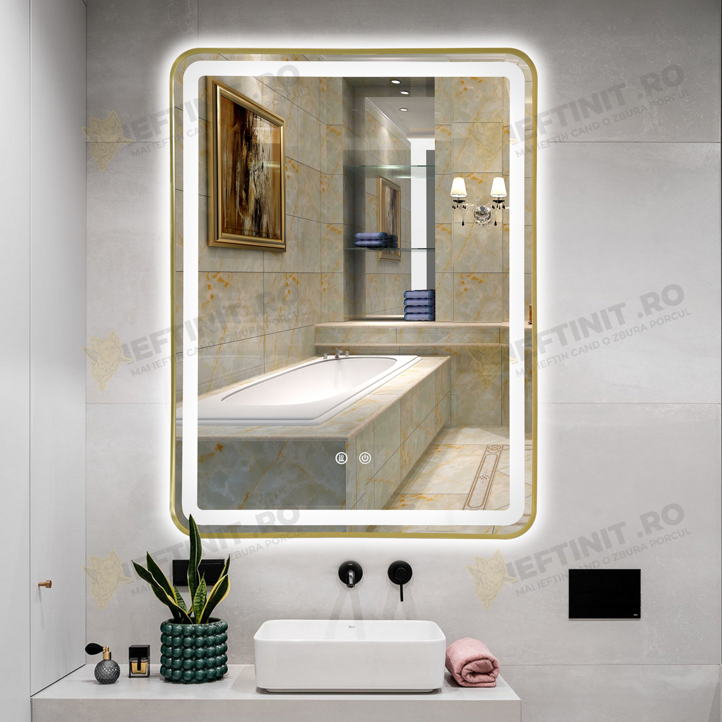 Oglinda LED Odin 60x80cm Rama Aurie, 3 Lumini, Dezaburire si Touch OD039/GD