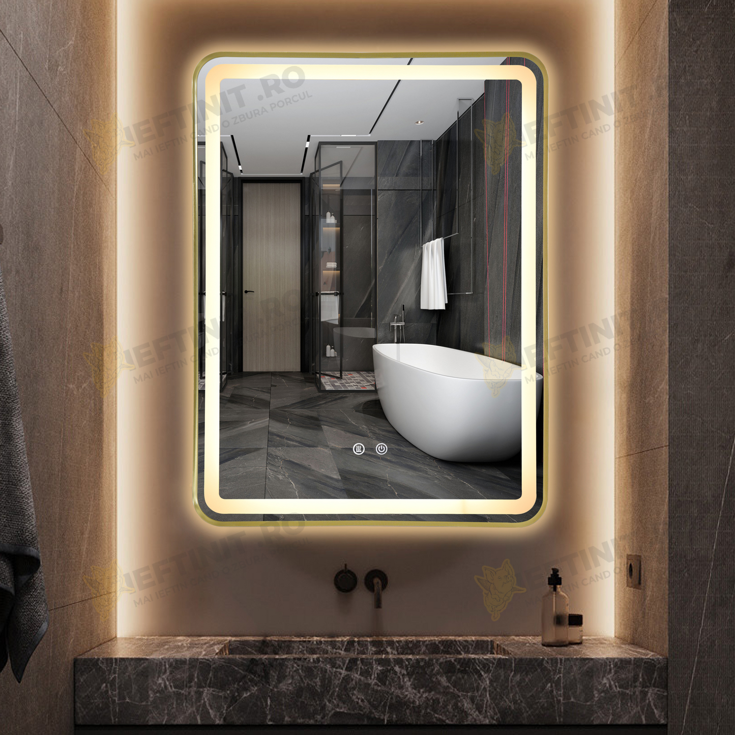 Oglinda LED Odin 60x80cm Rama Aurie, 3 Lumini, Dezaburire si Touch OD039/GD