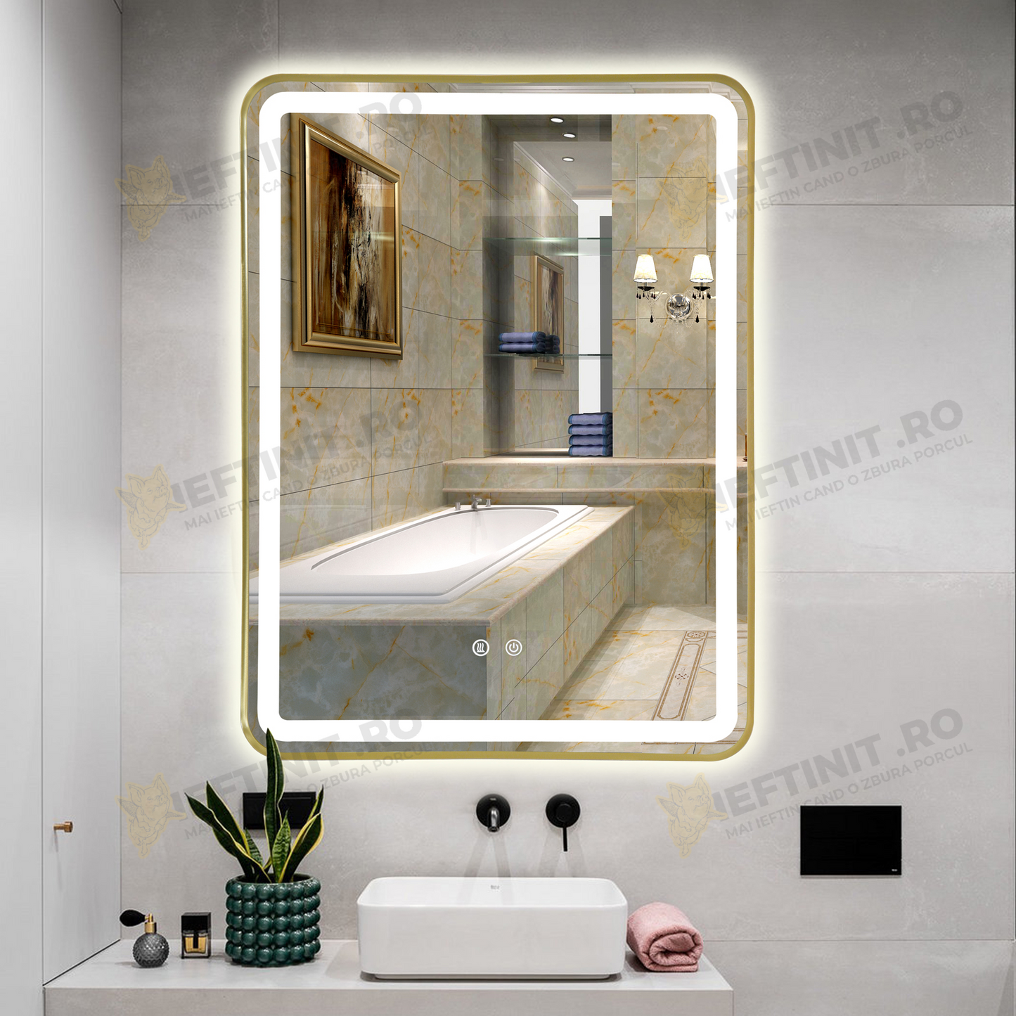 Oglinda LED Odin 60x80cm Rama Aurie, 3 Lumini, Dezaburire si Touch OD039/GD