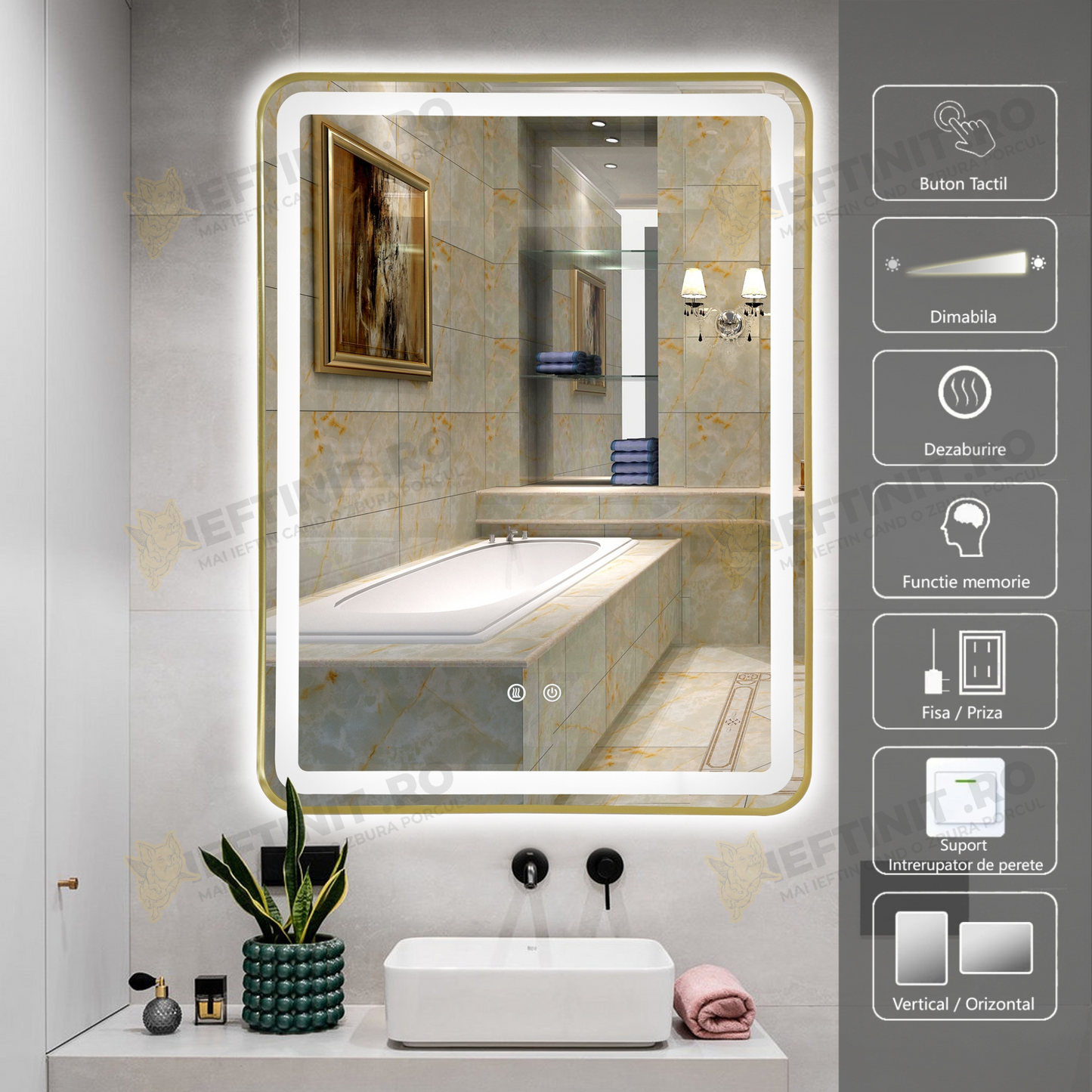 Oglinda LED Odin 60x80cm Rama Aurie, 3 Lumini, Dezaburire si Touch OD039/GD