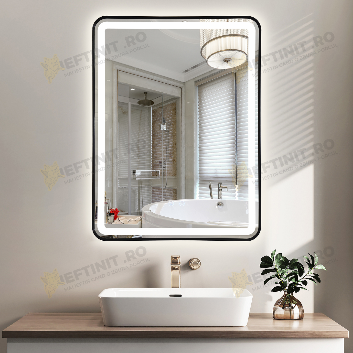 Oglinda LED Odin 60x80cm Rama Neagra, 3 Lumini, Dezaburire si Touch OD039/N