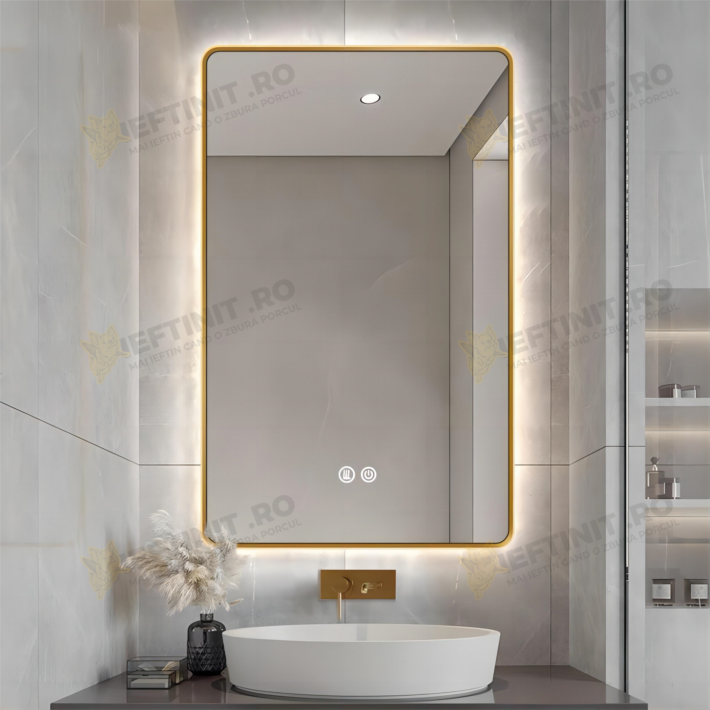 Oglinda LED Odin 60x80cm Rama Aurie, 3 Lumini, Dezaburire si Touch OD041-G