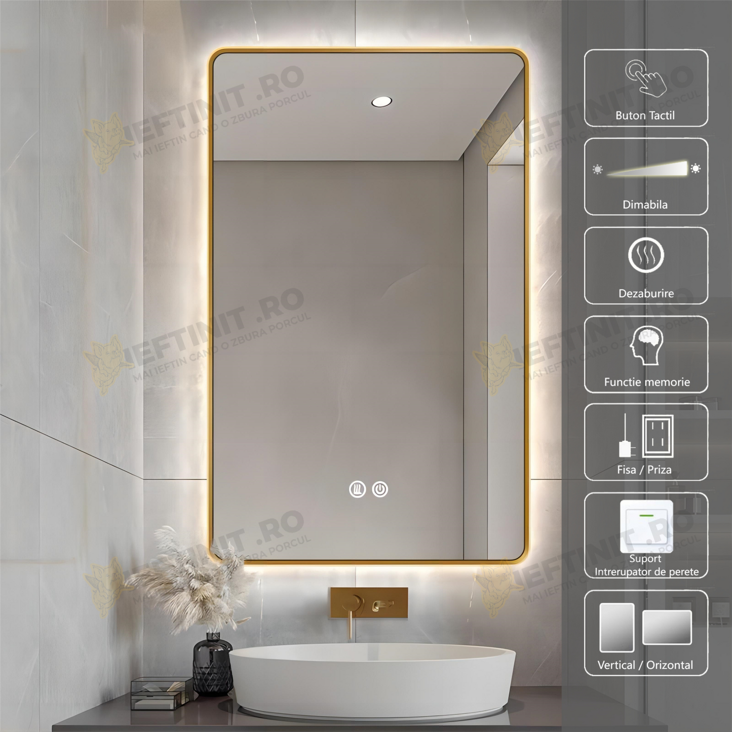 Oglinda LED Odin 60x80cm Rama Aurie, 3 Lumini, Dezaburire si Touch OD041-G