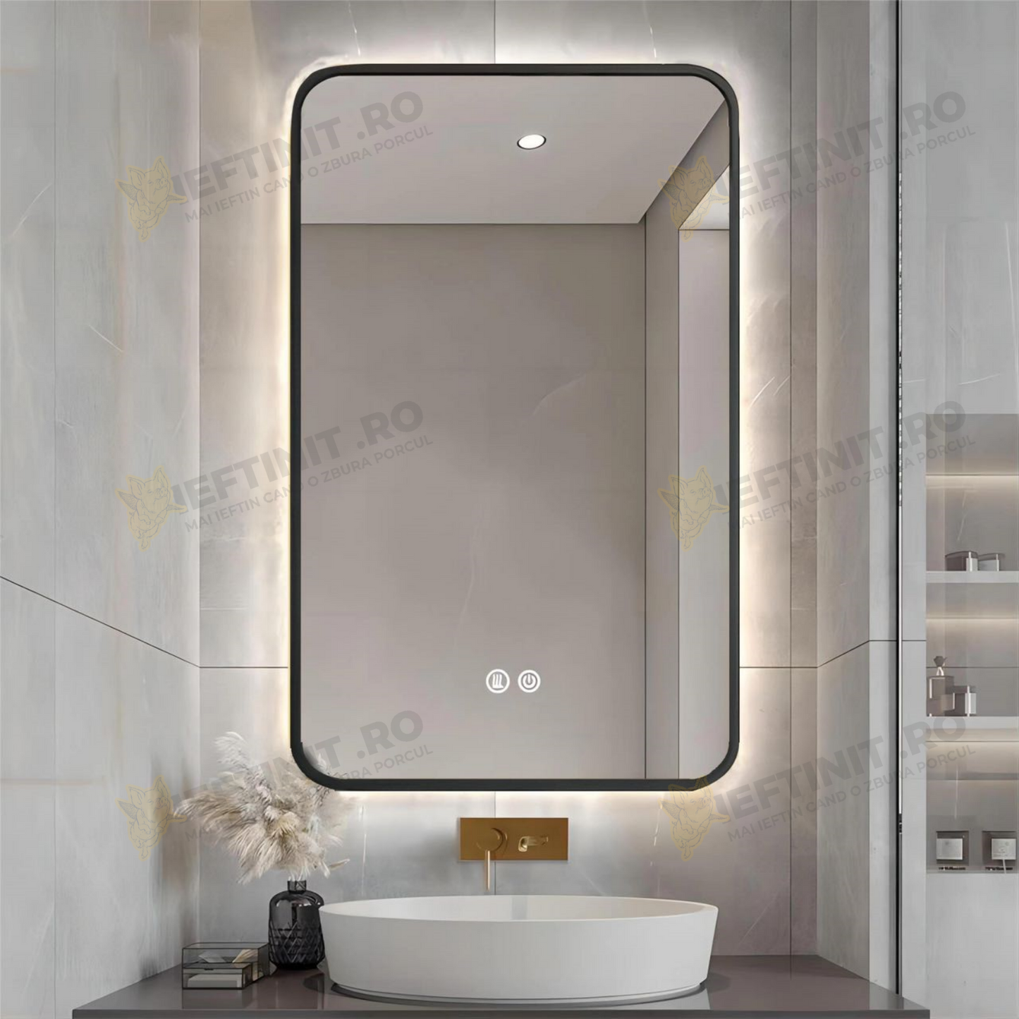 Oglinda LED Odin 60x80cm Rama Neagra, 3 Lumini, Dezaburire si Touch OD041-N