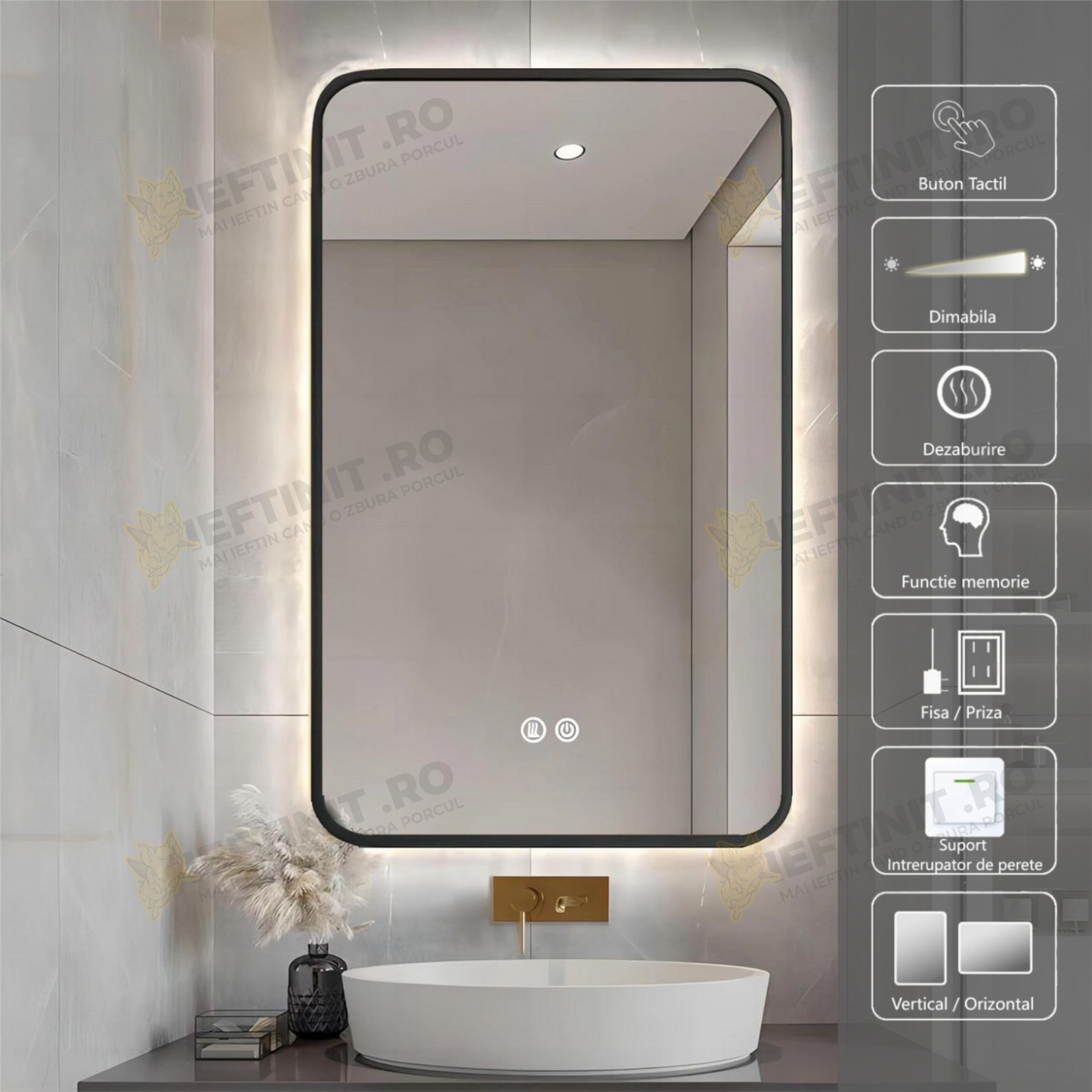 Oglinda LED Odin 60x80cm Rama Neagra, 3 Lumini, Dezaburire si Touch OD041-N