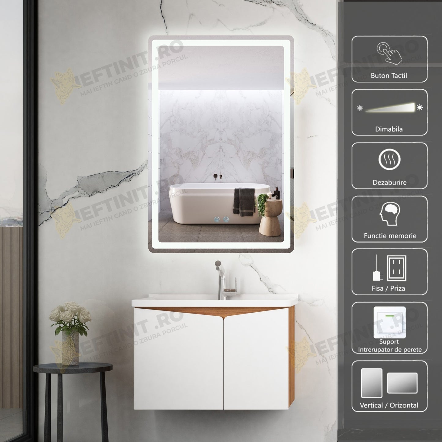 Oglinda Baie Odin cu LED si Dezaburire, 60×90 cm, Touch, 3 Tipuri de Lumina, Dimabilă OD057-100